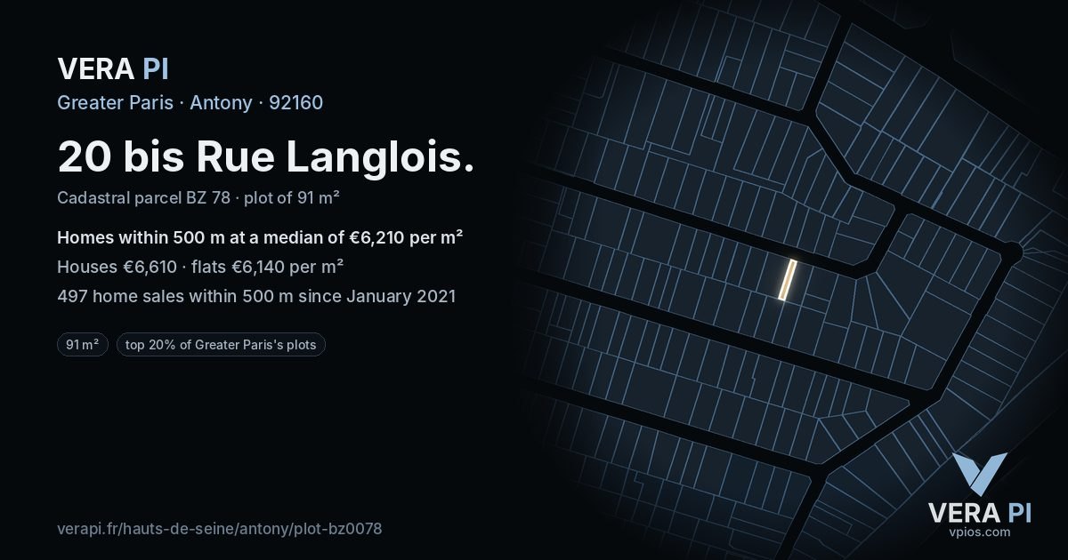 20 bis Rue Langlois, Antony at night – the plot lit, the parcels around coloured by the prices near them