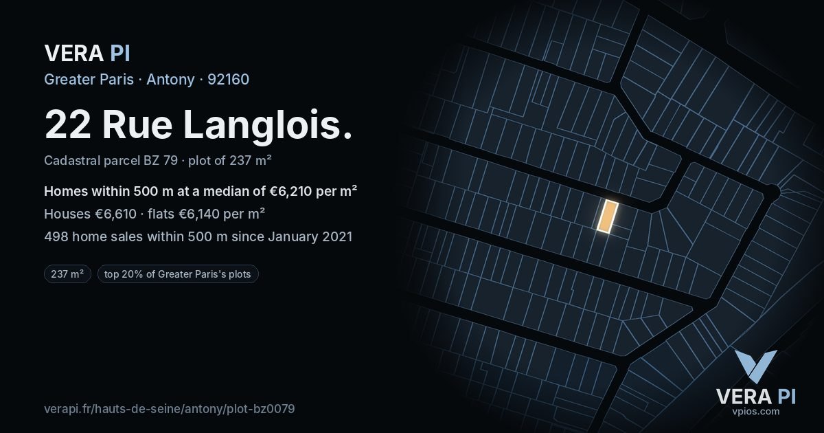 22 Rue Langlois, Antony at night – the plot lit, the parcels around coloured by the prices near them