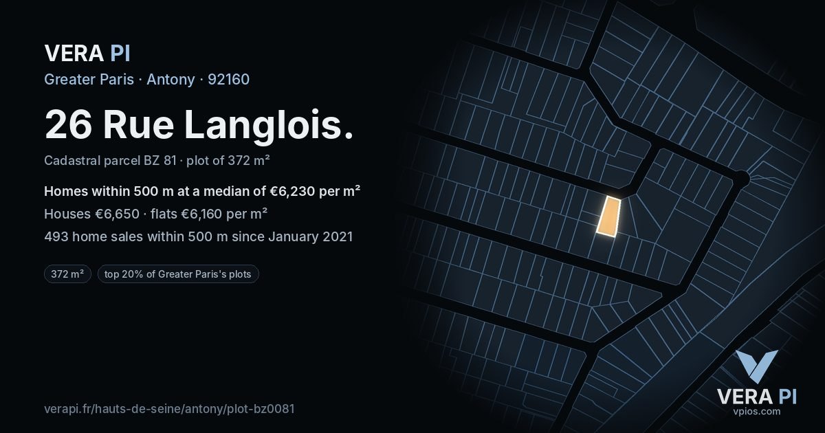 26 Rue Langlois, Antony at night – the plot lit, the parcels around coloured by the prices near them