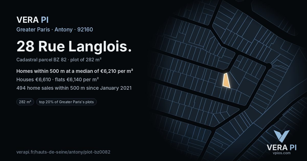 28 Rue Langlois, Antony at night – the plot lit, the parcels around coloured by the prices near them