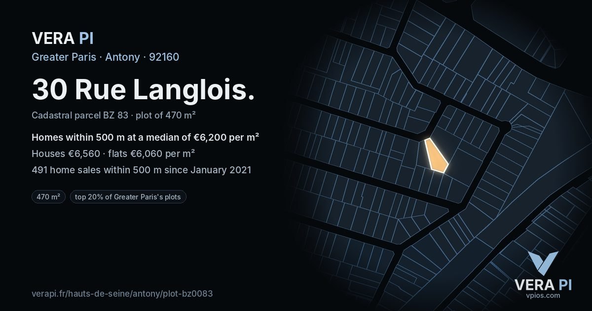 30 Rue Langlois, Antony at night – the plot lit, the parcels around coloured by the prices near them