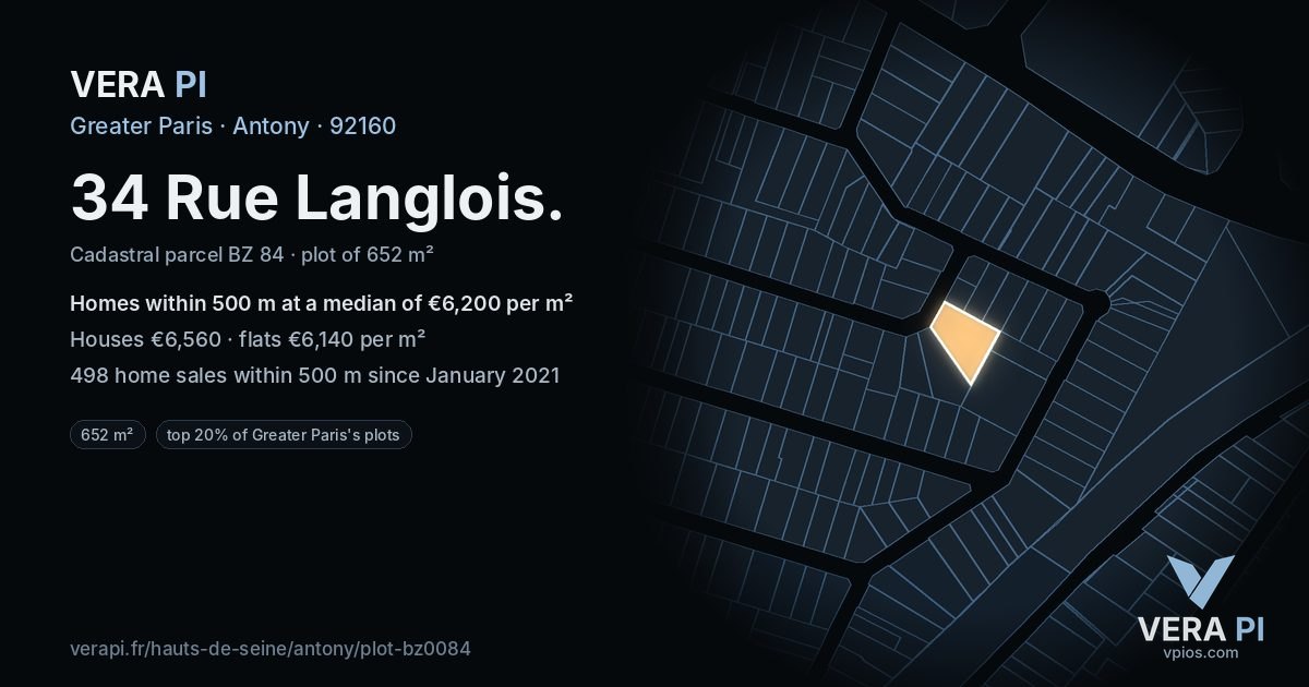 34 Rue Langlois, Antony at night – the plot lit, the parcels around coloured by the prices near them