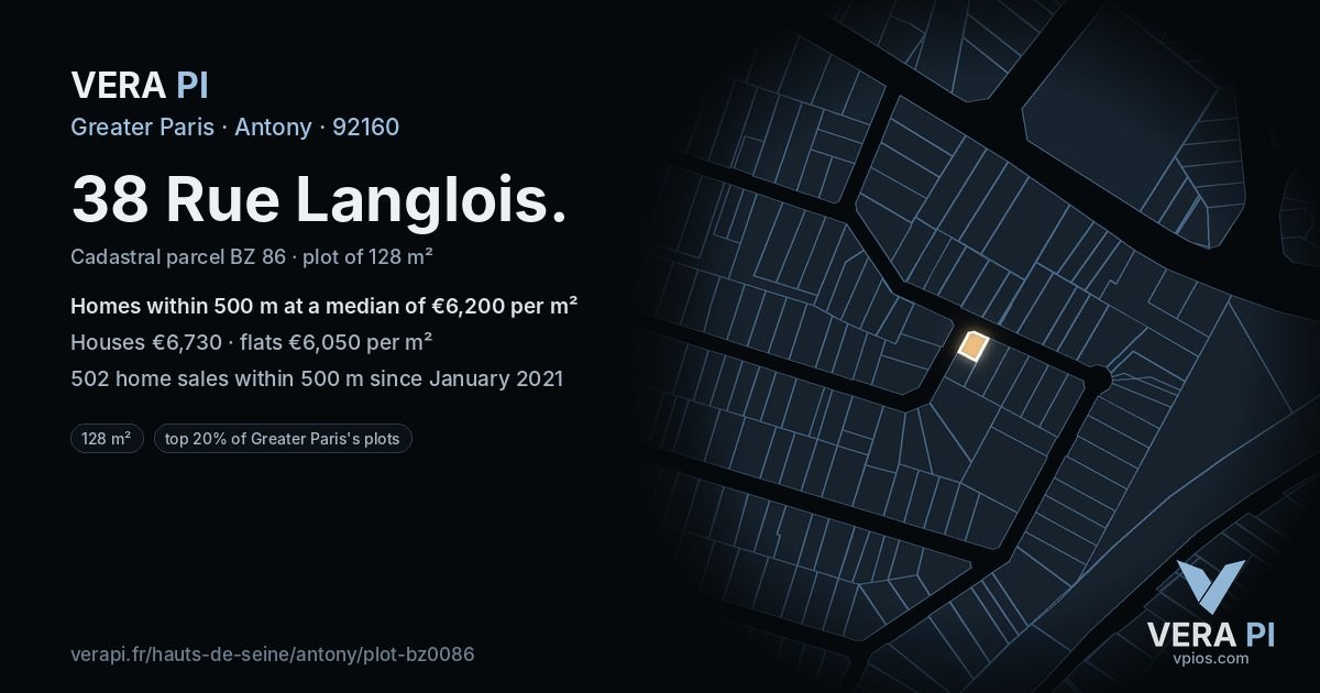 38 Rue Langlois, Antony at night – the plot lit, the parcels around coloured by the prices near them