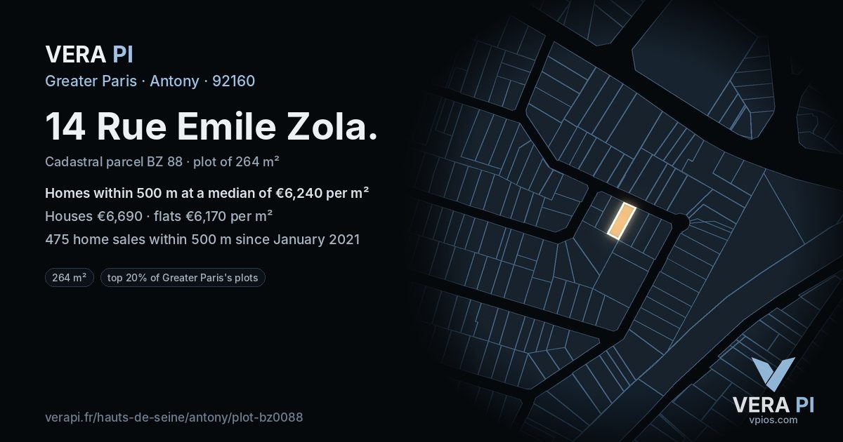 14 Rue Emile Zola, Antony at night – the plot lit, the parcels around coloured by the prices near them