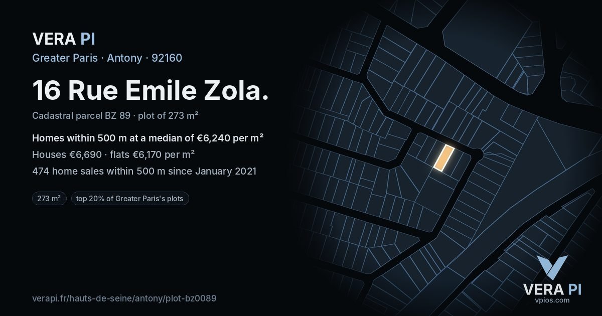 16 Rue Emile Zola, Antony at night – the plot lit, the parcels around coloured by the prices near them