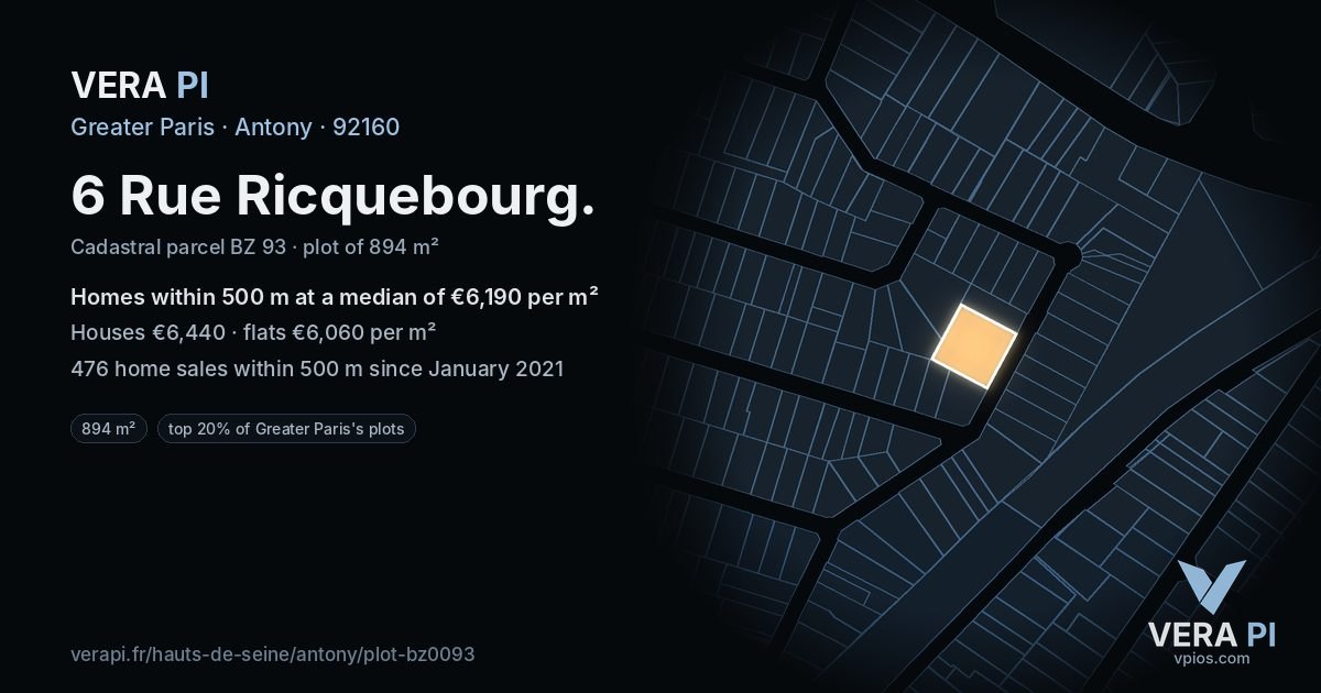 6 Rue Ricquebourg, Antony at night – the plot lit, the parcels around coloured by the prices near them