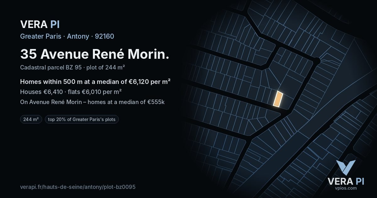 35 Avenue René Morin, Antony at night – the plot lit, the parcels around coloured by the prices near them
