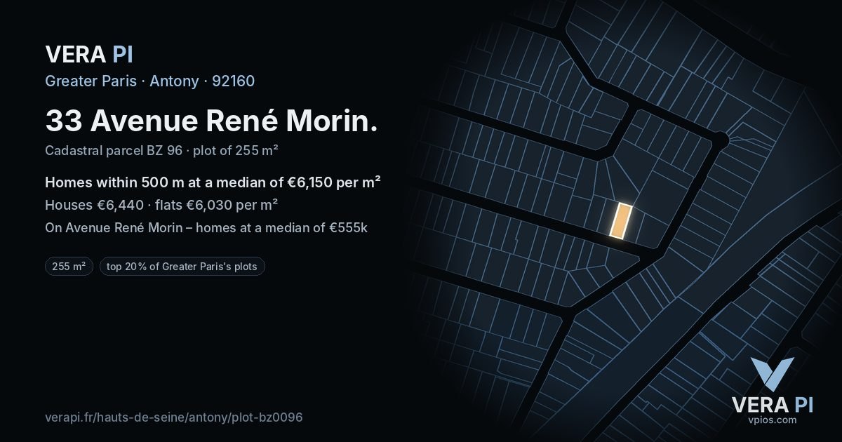 33 Avenue René Morin, Antony at night – the plot lit, the parcels around coloured by the prices near them