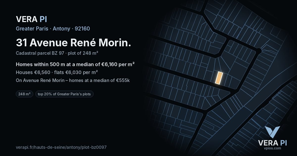 31 Avenue René Morin, Antony at night – the plot lit, the parcels around coloured by the prices near them
