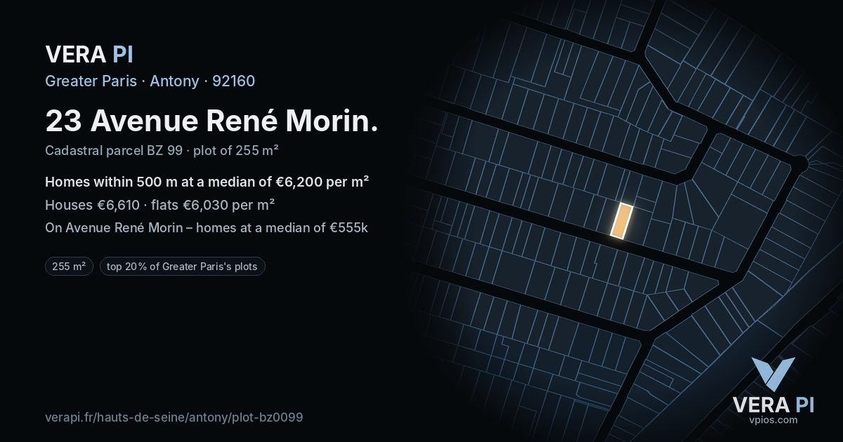 23 Avenue René Morin, Antony at night – the plot lit, the parcels around coloured by the prices near them