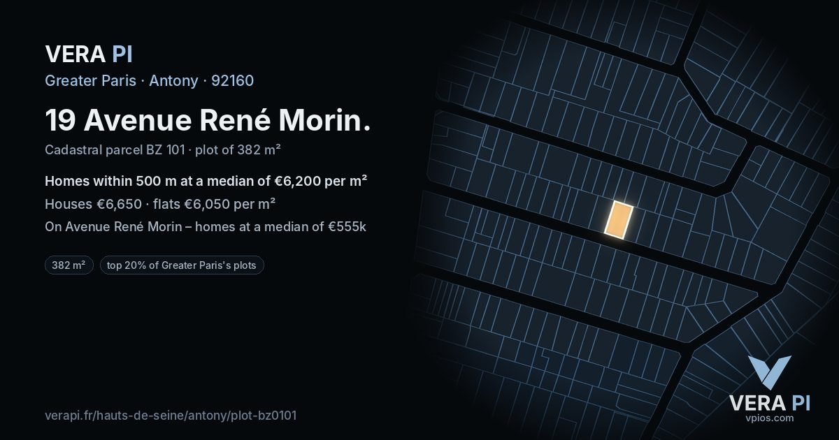 19 Avenue René Morin, Antony at night – the plot lit, the parcels around coloured by the prices near them