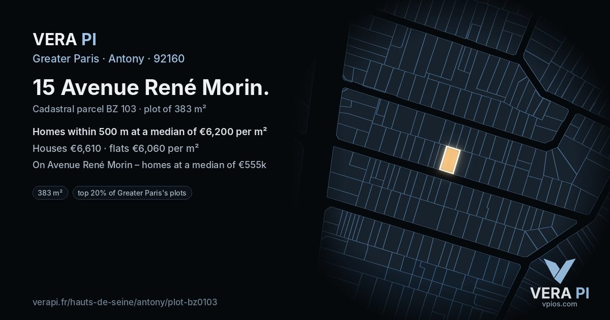 15 Avenue René Morin, Antony at night – the plot lit, the parcels around coloured by the prices near them