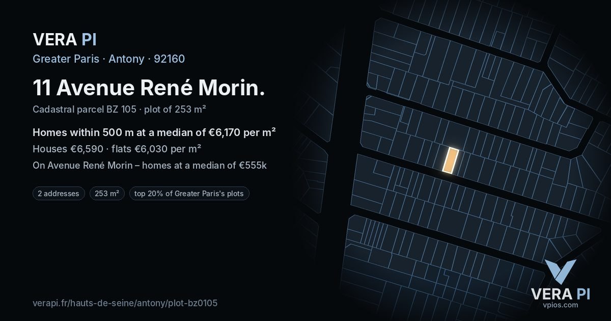11 Avenue René Morin, Antony at night – the plot lit, the parcels around coloured by the prices near them