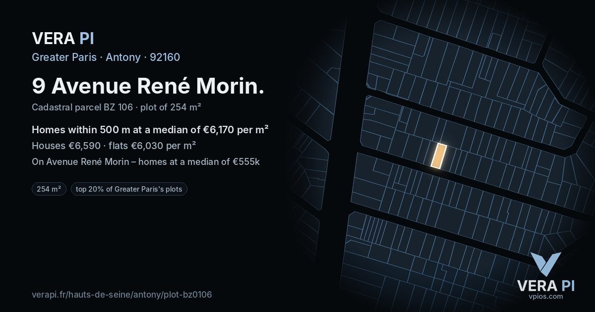 9 Avenue René Morin, Antony at night – the plot lit, the parcels around coloured by the prices near them