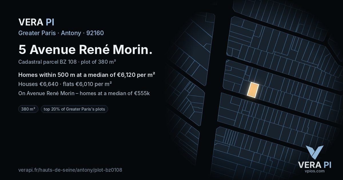 5 Avenue René Morin, Antony at night – the plot lit, the parcels around coloured by the prices near them