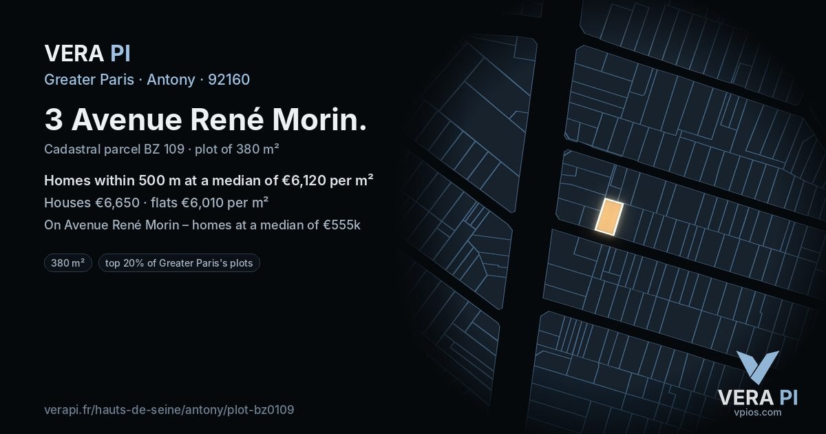 3 Avenue René Morin, Antony at night – the plot lit, the parcels around coloured by the prices near them