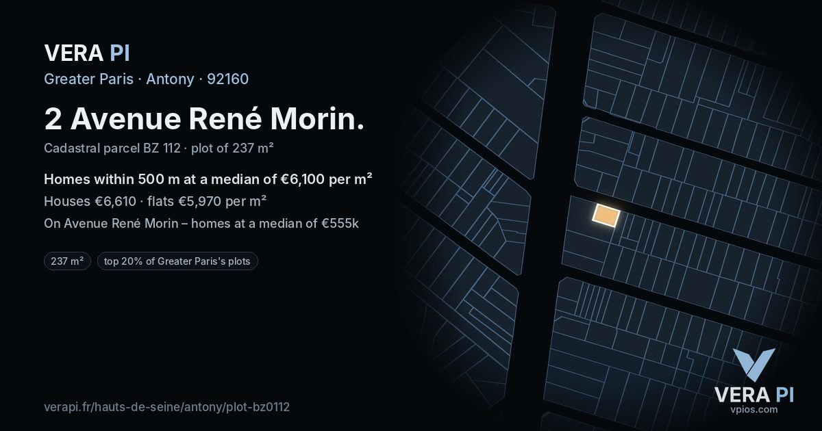 2 Avenue René Morin, Antony at night – the plot lit, the parcels around coloured by the prices near them