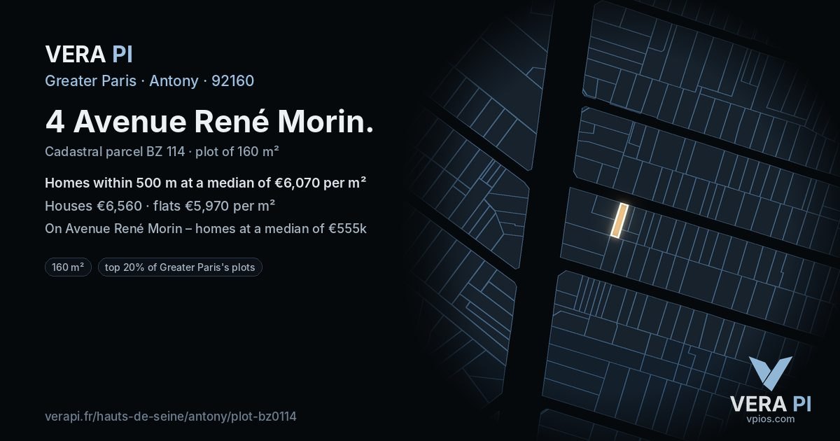 4 Avenue René Morin, Antony at night – the plot lit, the parcels around coloured by the prices near them