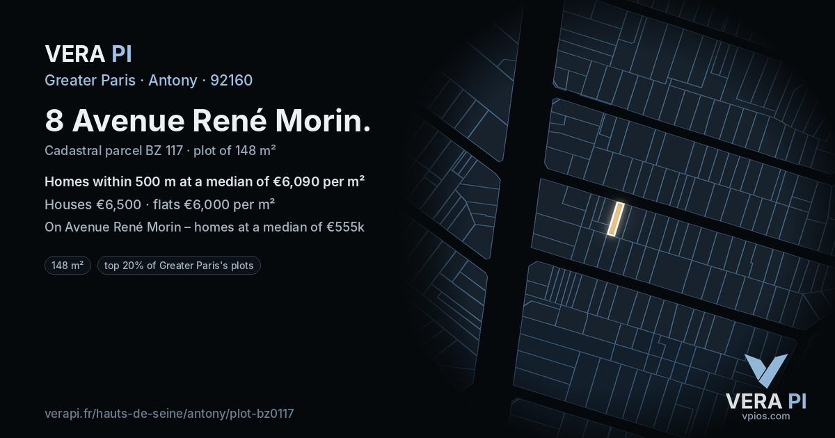 8 Avenue René Morin, Antony at night – the plot lit, the parcels around coloured by the prices near them
