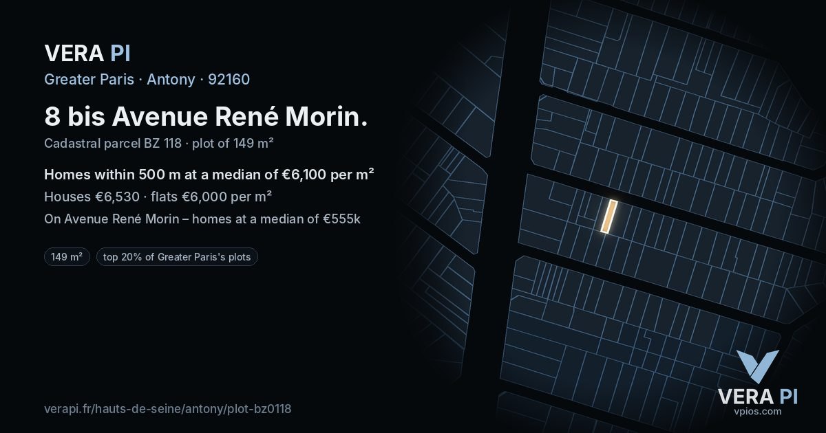 8 bis Avenue René Morin, Antony at night – the plot lit, the parcels around coloured by the prices near them