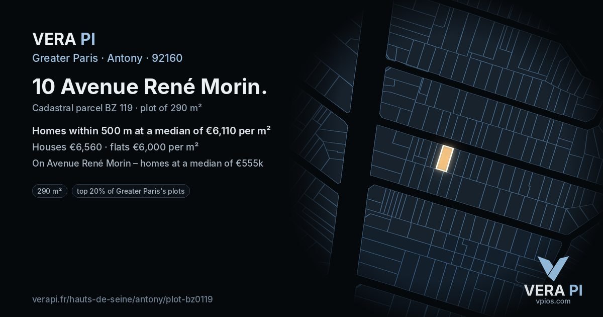 10 Avenue René Morin, Antony at night – the plot lit, the parcels around coloured by the prices near them