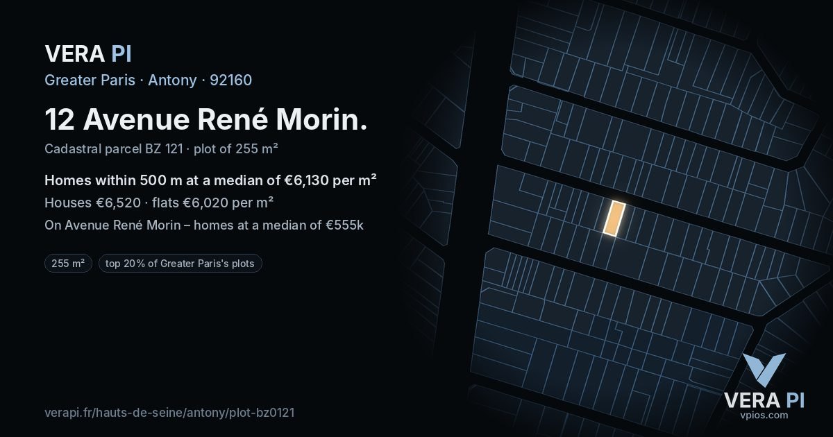 12 Avenue René Morin, Antony at night – the plot lit, the parcels around coloured by the prices near them