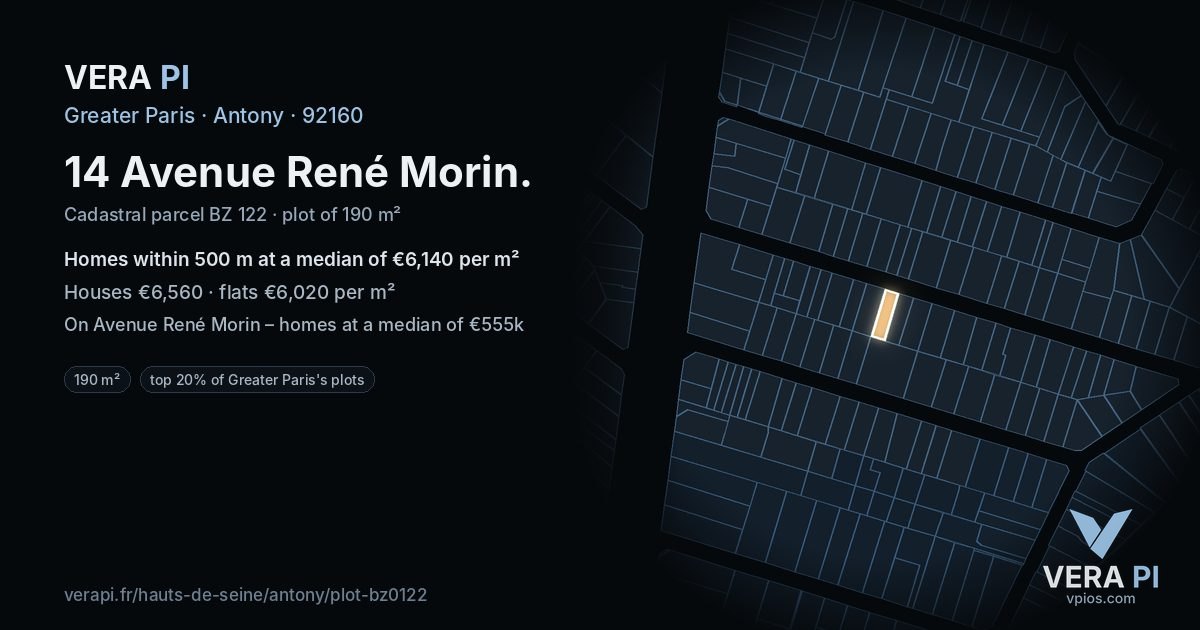 14 Avenue René Morin, Antony at night – the plot lit, the parcels around coloured by the prices near them