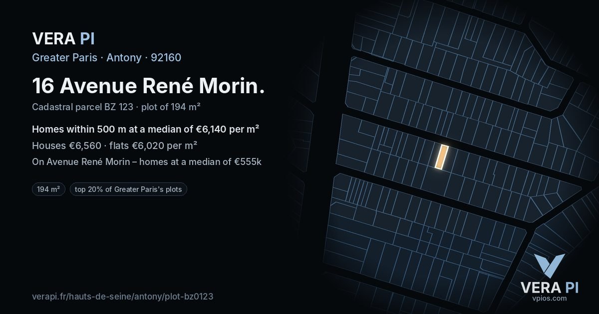 16 Avenue René Morin, Antony at night – the plot lit, the parcels around coloured by the prices near them