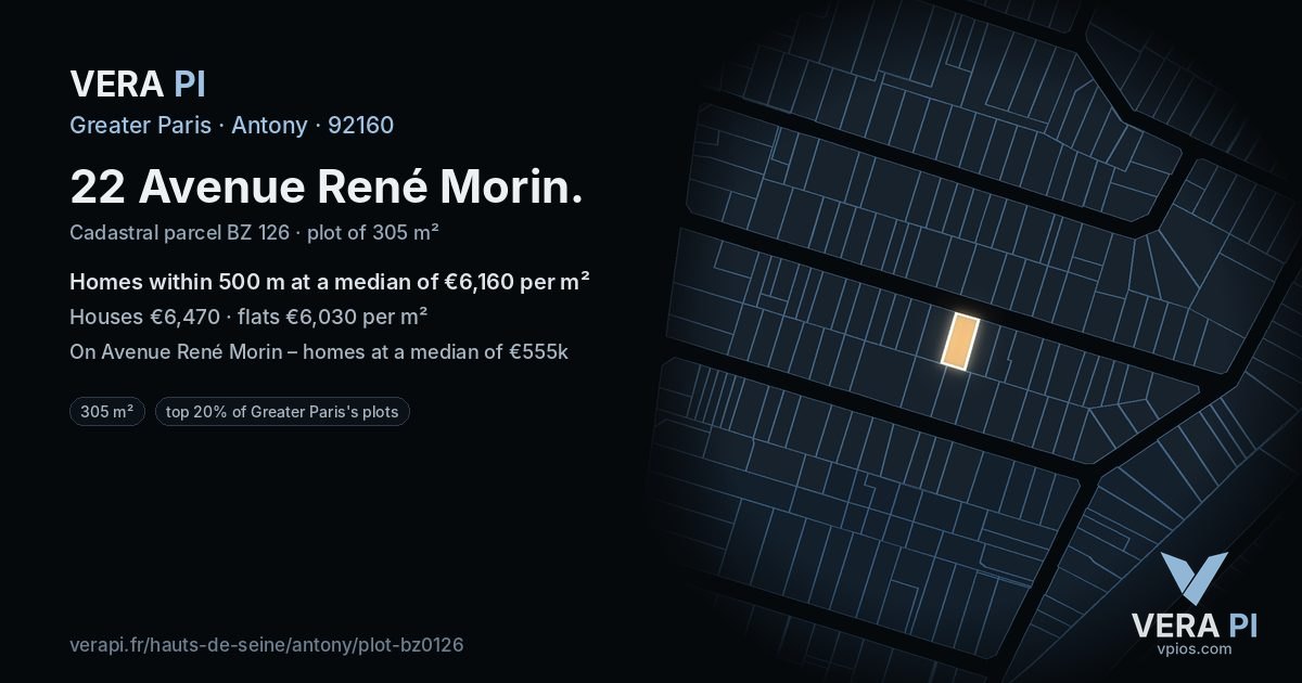 22 Avenue René Morin, Antony at night – the plot lit, the parcels around coloured by the prices near them