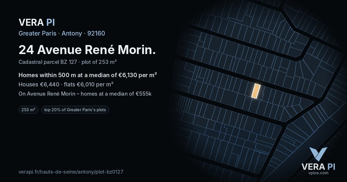 24 Avenue René Morin, Antony at night – the plot lit, the parcels around coloured by the prices near them