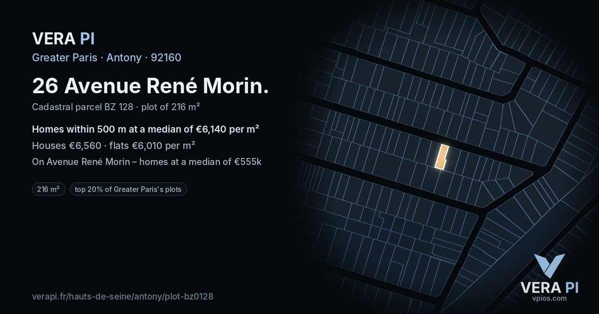 26 Avenue René Morin, Antony at night – the plot lit, the parcels around coloured by the prices near them