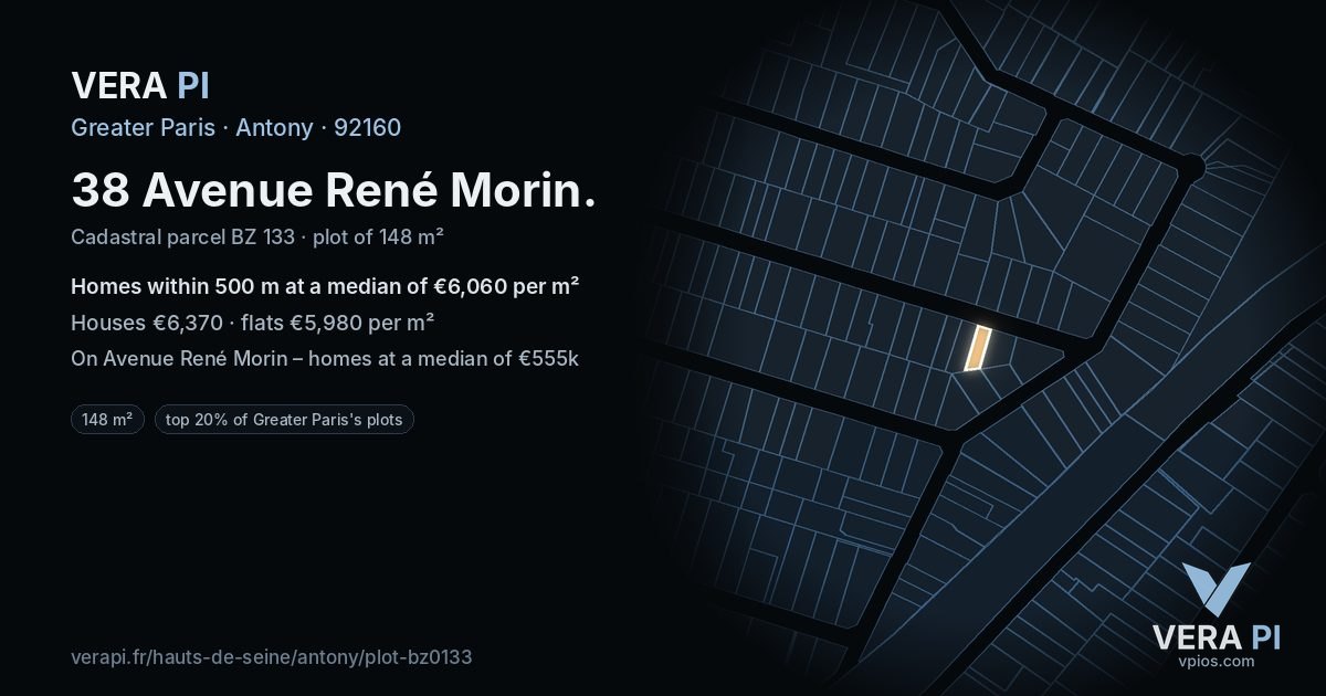 38 Avenue René Morin, Antony at night – the plot lit, the parcels around coloured by the prices near them