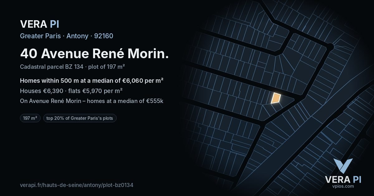 40 Avenue René Morin, Antony at night – the plot lit, the parcels around coloured by the prices near them