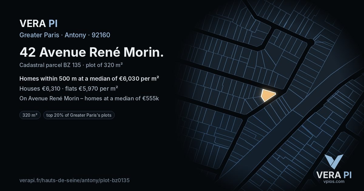 42 Avenue René Morin, Antony at night – the plot lit, the parcels around coloured by the prices near them