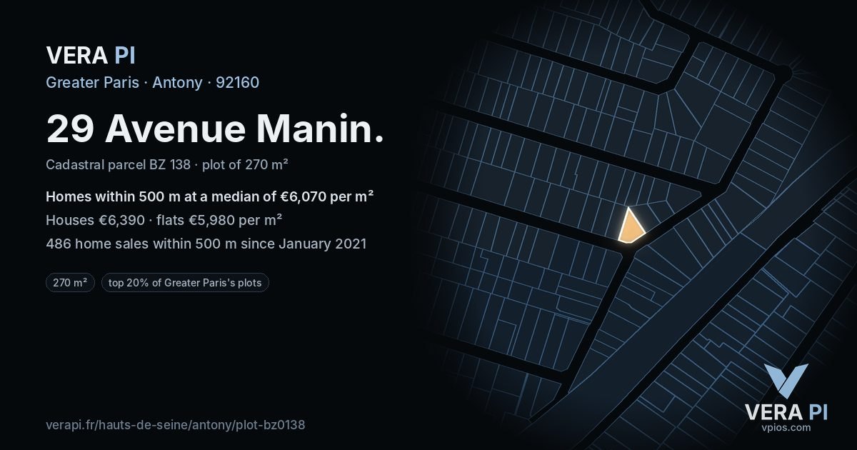 29 Avenue Manin, Antony at night – the plot lit, the parcels around coloured by the prices near them