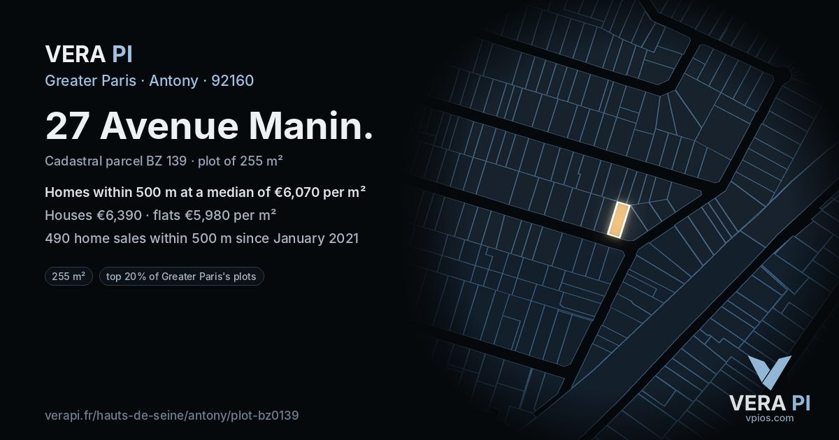 27 Avenue Manin, Antony at night – the plot lit, the parcels around coloured by the prices near them