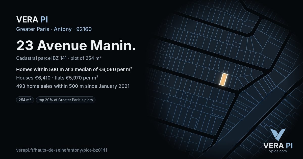 23 Avenue Manin, Antony at night – the plot lit, the parcels around coloured by the prices near them