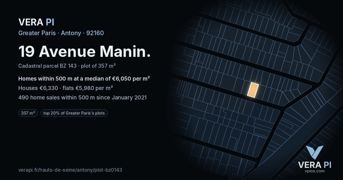 19 Avenue Manin, Antony at night – the plot lit, the parcels around coloured by the prices near them