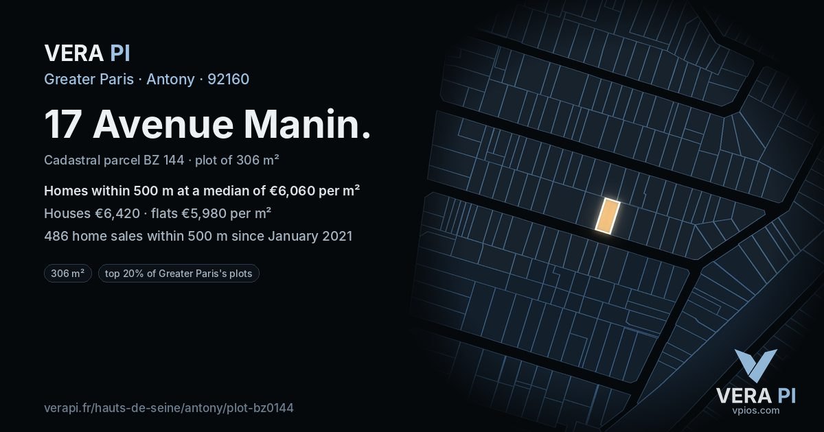 17 Avenue Manin, Antony at night – the plot lit, the parcels around coloured by the prices near them