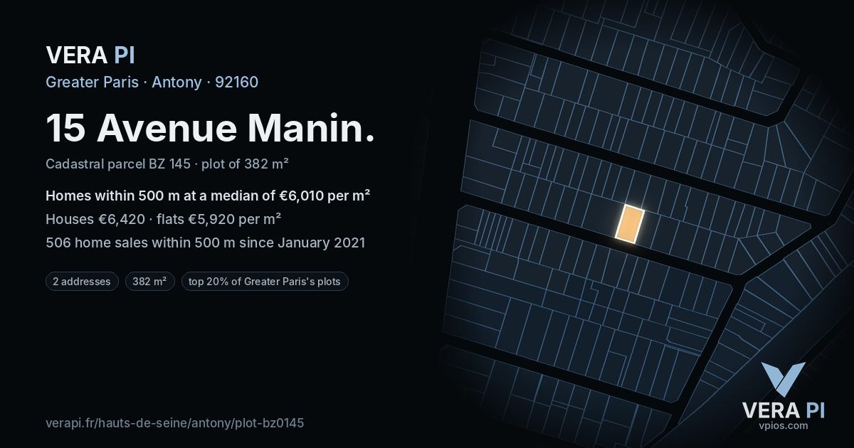15 Avenue Manin, Antony at night – the plot lit, the parcels around coloured by the prices near them