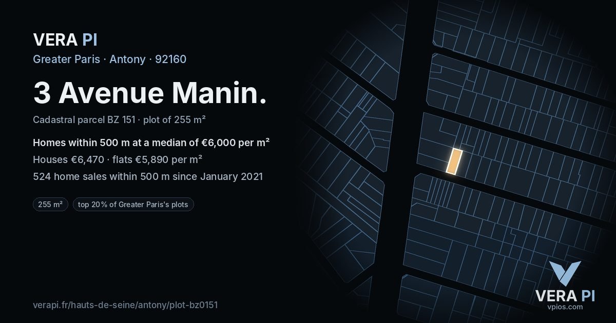 3 Avenue Manin, Antony at night – the plot lit, the parcels around coloured by the prices near them