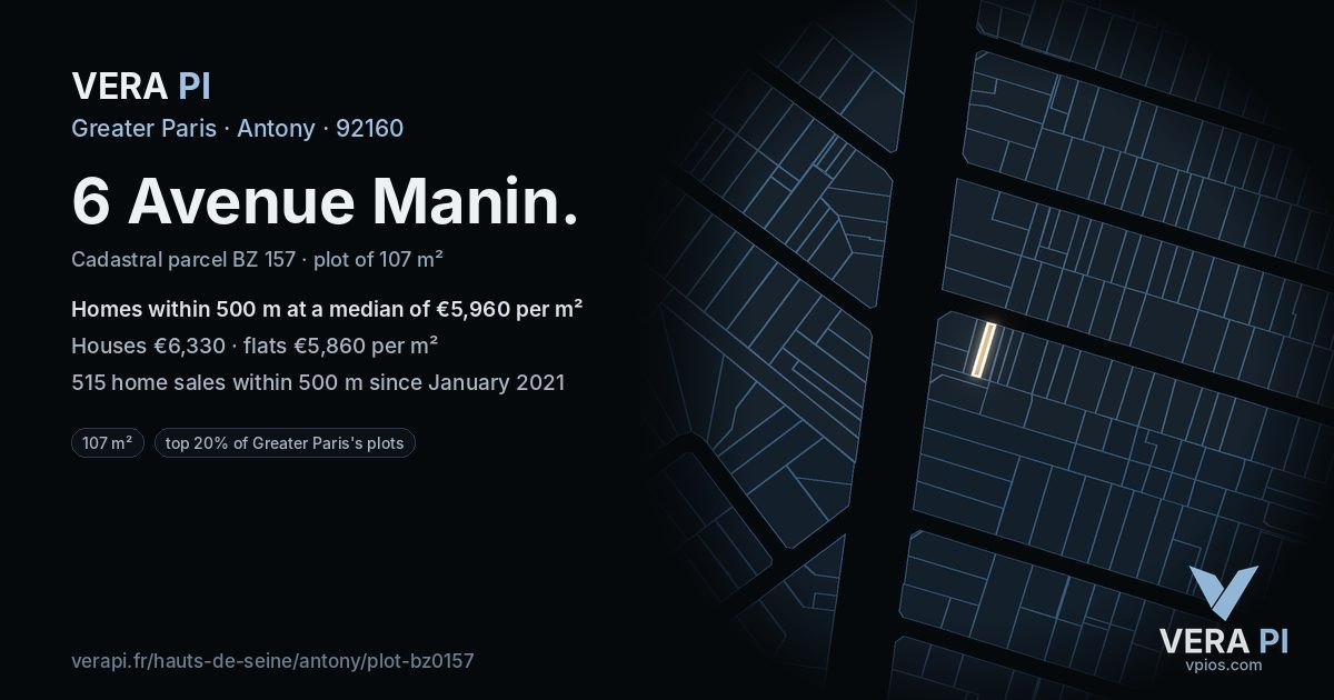 6 Avenue Manin, Antony at night – the plot lit, the parcels around coloured by the prices near them