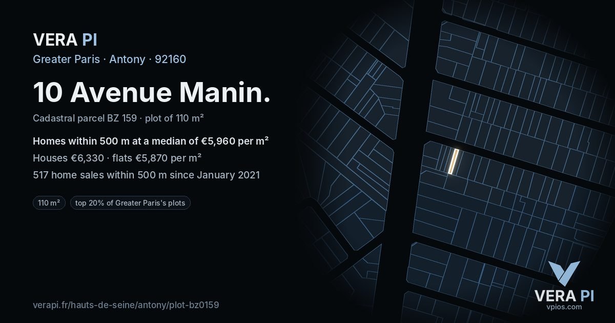 10 Avenue Manin, Antony at night – the plot lit, the parcels around coloured by the prices near them