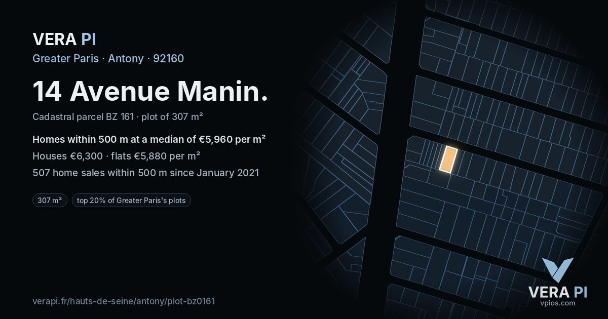 14 Avenue Manin, Antony at night – the plot lit, the parcels around coloured by the prices near them
