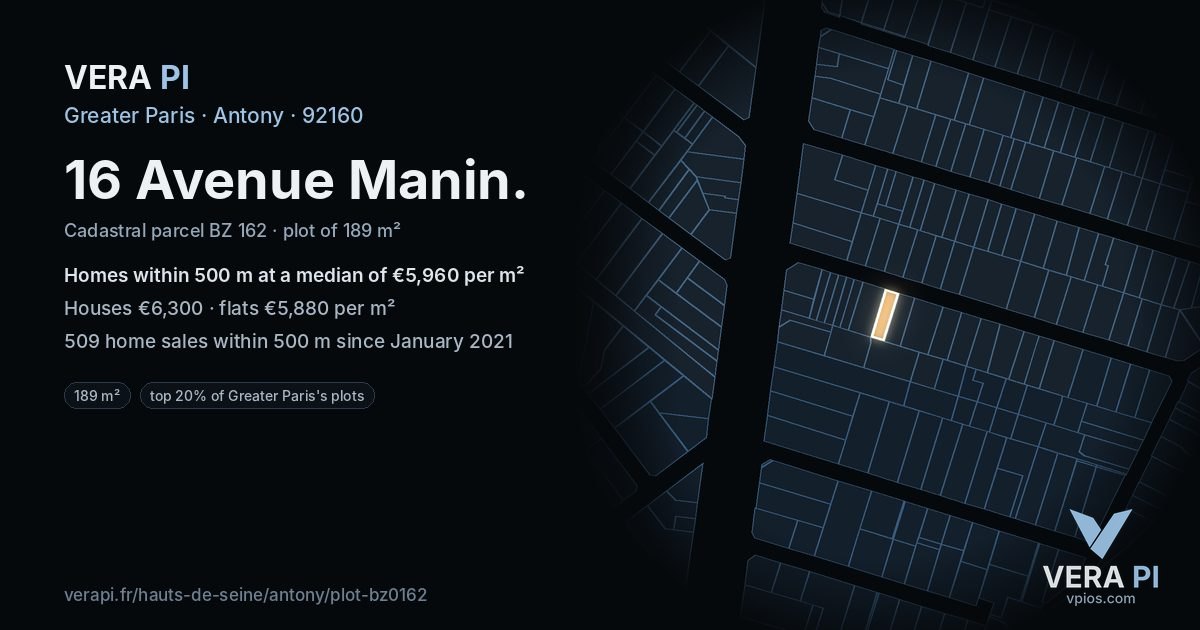 16 Avenue Manin, Antony at night – the plot lit, the parcels around coloured by the prices near them
