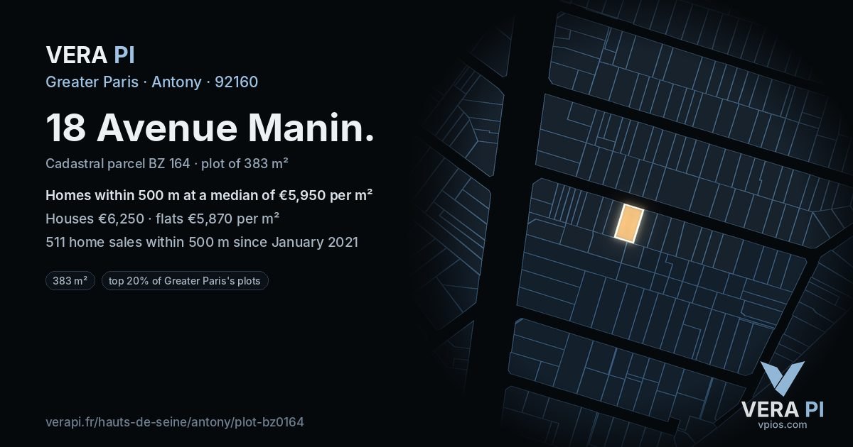 18 Avenue Manin, Antony at night – the plot lit, the parcels around coloured by the prices near them