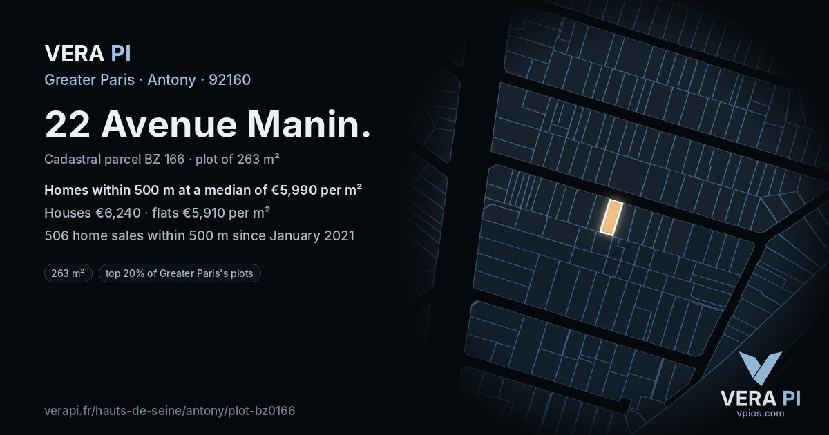22 Avenue Manin, Antony at night – the plot lit, the parcels around coloured by the prices near them