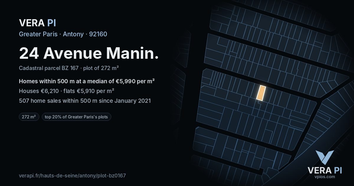 24 Avenue Manin, Antony at night – the plot lit, the parcels around coloured by the prices near them