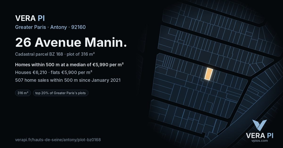 26 Avenue Manin, Antony at night – the plot lit, the parcels around coloured by the prices near them