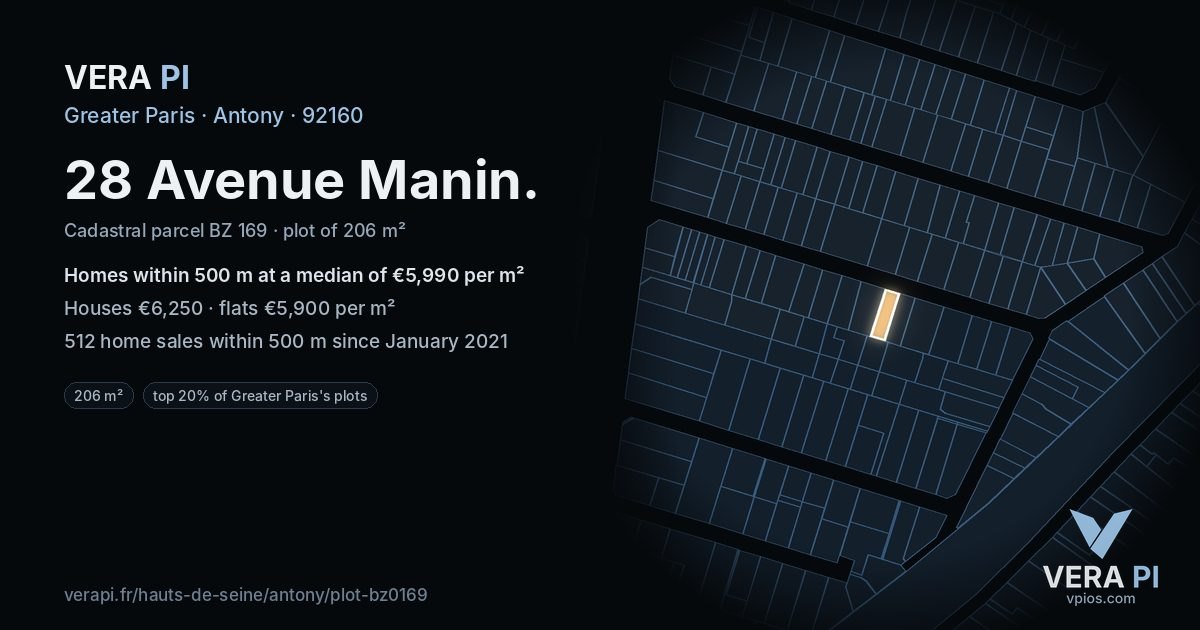 28 Avenue Manin, Antony at night – the plot lit, the parcels around coloured by the prices near them